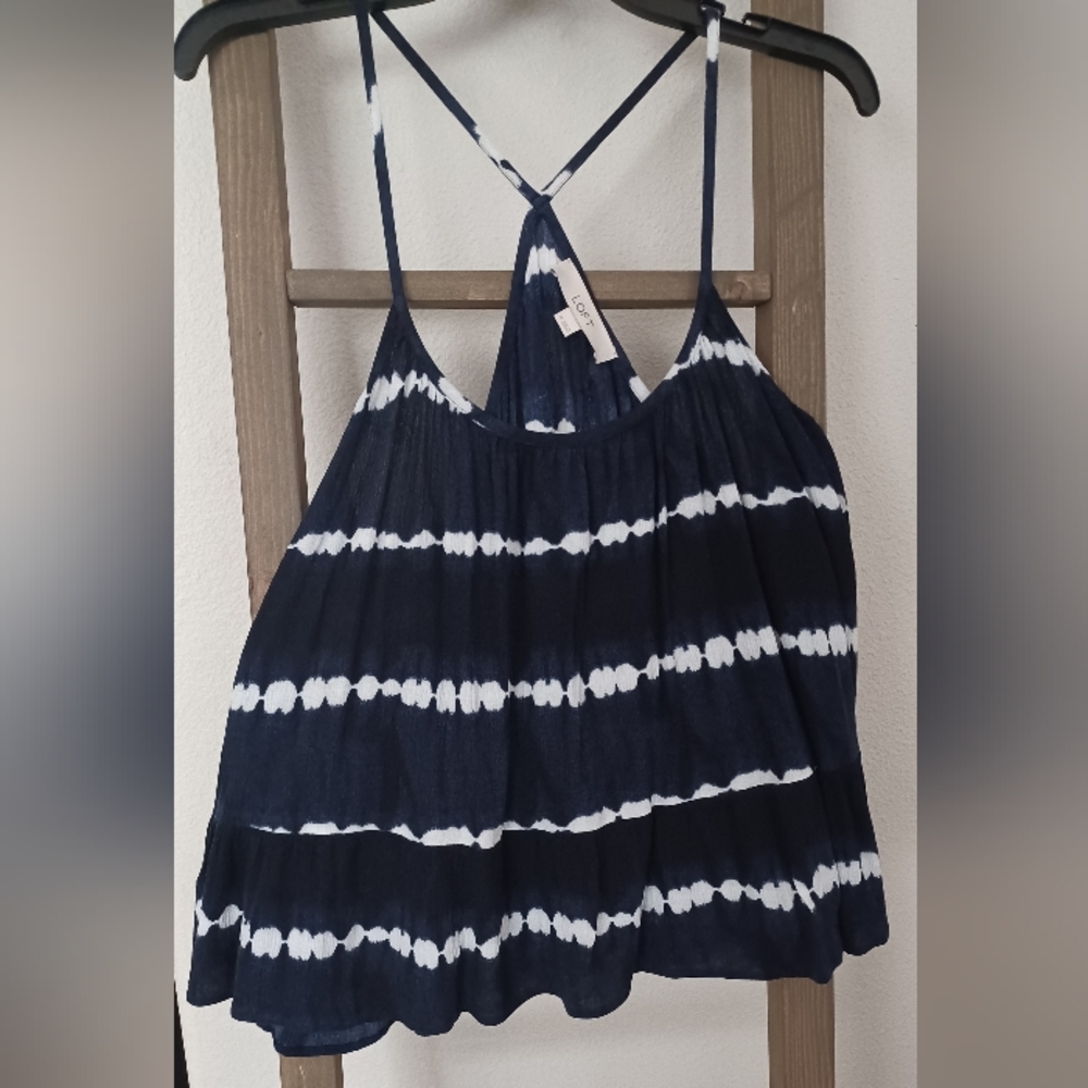 ANN TAYLOR LOFT: Flowy Navy & White Spaghetti Strap Tie Dye Top